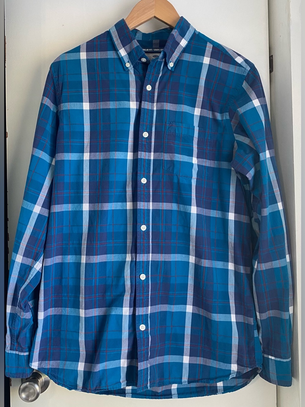 Old Navy Men's MT Tall Blue Red White Plaid Woven Cotton Button-Down LS Reg
